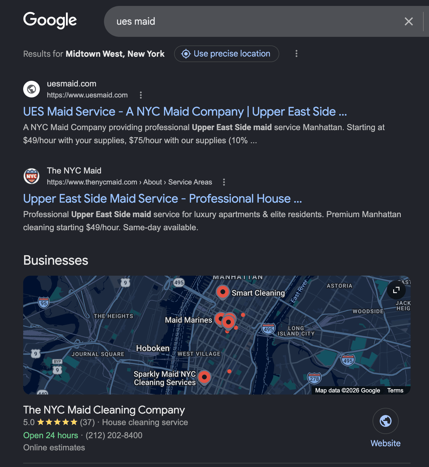 thenycmaid.com EMD ranking #1 and #2 on Google for UES maid