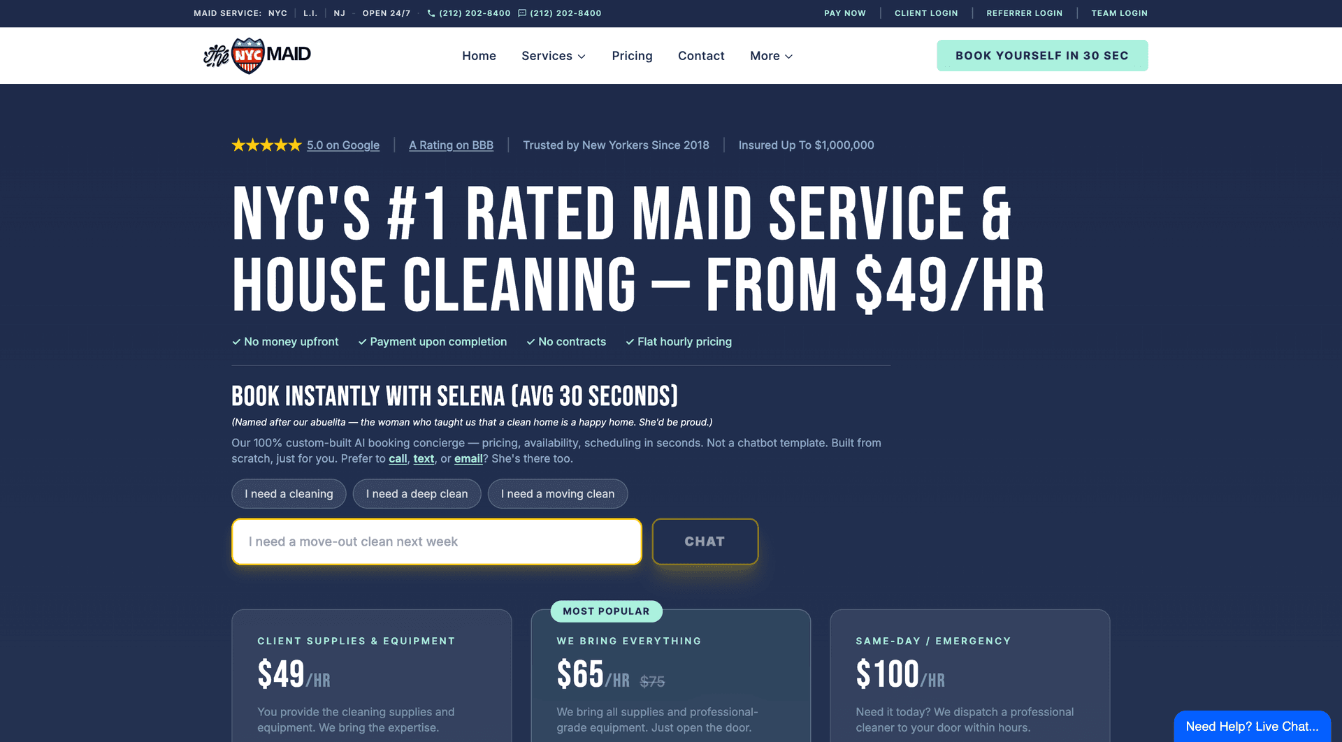 Selena AI booking concierge live on The NYC Maid — built by Full Loop CRM in partnership with The NYC AI Marketing Company